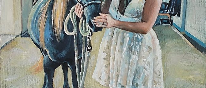 A horse and her owner painted in the style of The Great Wave Off Kanagawa, but with oil paint